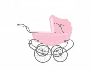 A simple illustration of a pink vintage-style baby carriage against a white background. The delicate shading and minimalist art style lend an air of calm and simplicity.