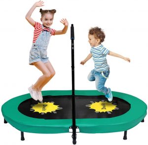 Best trampolines for kids: Kid is happily jumping and playing with each other in the green trampoline.