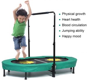 Best trampolines for kids: Dual kid trampoline with a kid happily jumping on it.