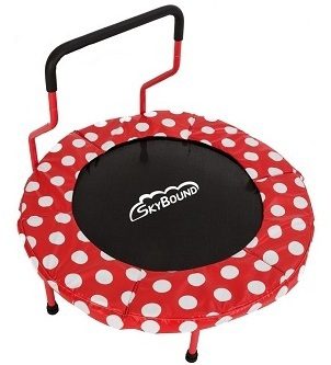 Red and white Skybound kids trampolines with handle bar. 