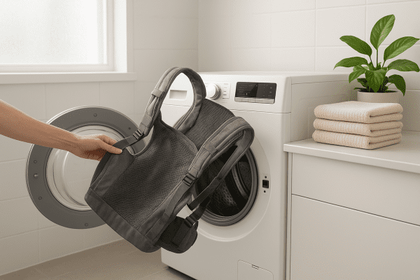 A mesh baby carrier is placed into a high-efficiency washing machine in a bright, organized laundry room.