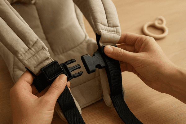 Parent adjusts straps and buckles on a baby carrier for safety, with baby items softly blurred behind.