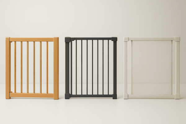 Wood, metal, and mesh baby gates upright on a seamless white tabletop.
