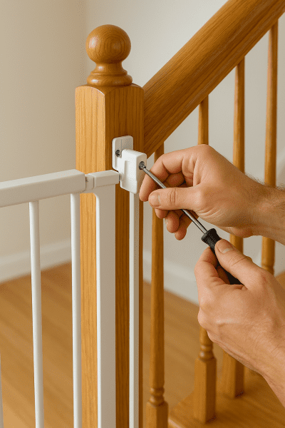 Hands securing a baby gate to a wooden stair banister with visible mounting hardware.