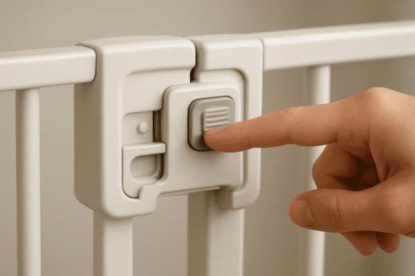 Macro of baby gate latch with a hand about to press the childproof release.