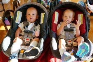 Twins sits comfortably on their Diono Radian RXT car seats. 