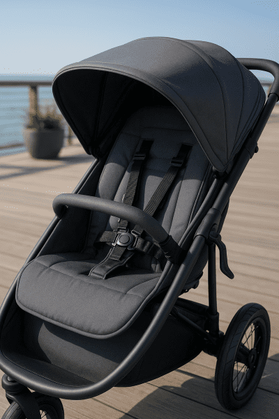 Jogging stroller harness, canopy, and hand brake on a sunlit boardwalk.
