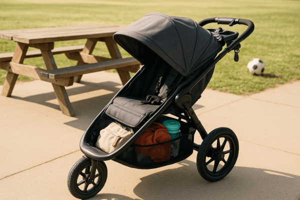 Jogging stroller with spacious storage and parent console at a park.