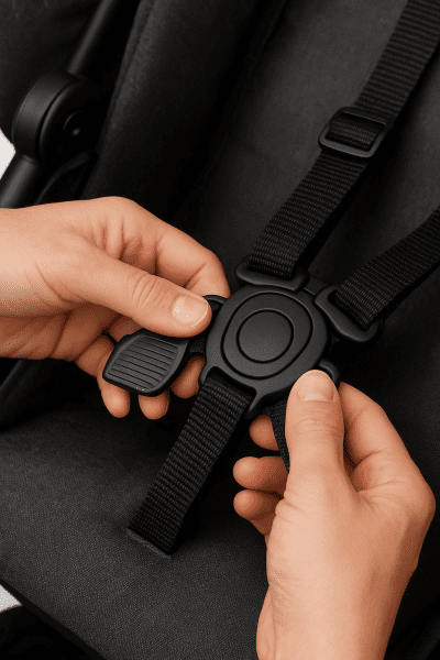 Hands demonstrate folding trigger and secure harness buckle on an umbrella stroller.