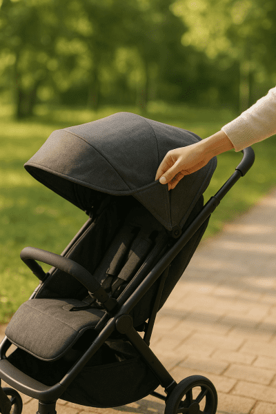 Caregiver adjusts UV-blocking canopy visor of umbrella stroller in a sunlit park.