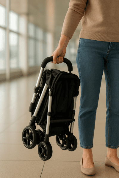 Parent lifts folded, lightweight umbrella stroller in a softly lit airport terminal.