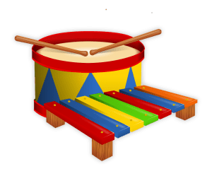 A vibrant, multi-colored percussion instrument commonly referred to as a drum. 