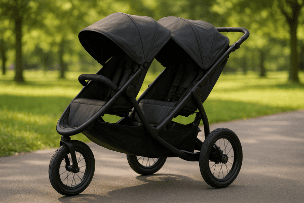 Double jogging stroller with all-terrain tires, advanced suspension, and hand brake parked on a sunny park path.