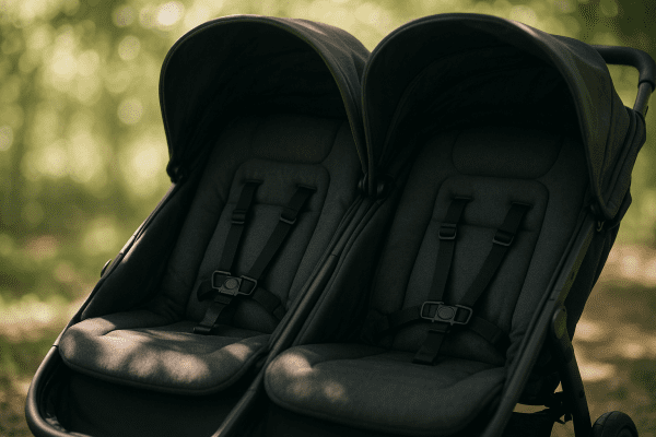 Close-up interior of double jogging stroller with plush seats, harnesses, and adjustable canopies.