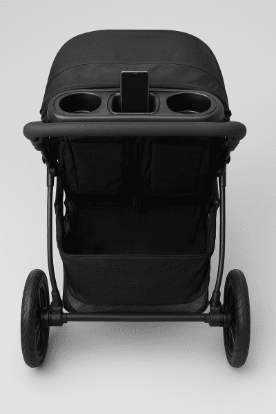 Double jogging stroller from rear, showing mesh storage basket, parent tray with cup holders, and child tray.