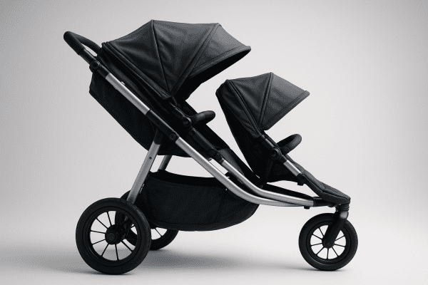 Side profile of double jogging stroller with strong aluminum frame and reinforced joints.