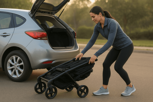 Parent folding a compact double stroller beside a small car with trunk open, showing portability.