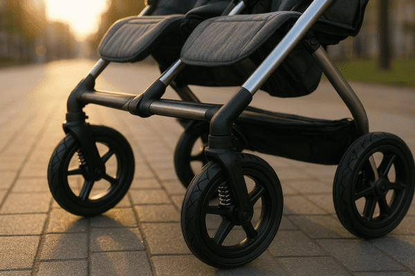 Close-up of double stroller wheels with advanced suspension and a strong, modern frame on a sunlit city path.