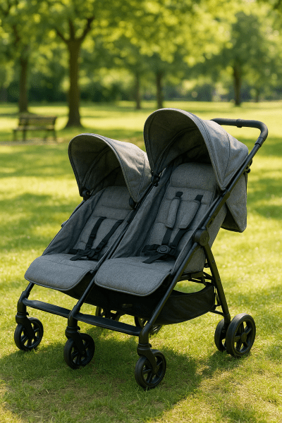 Double stroller in a park with seats reclined at different angles and canopies extended in sunlight.