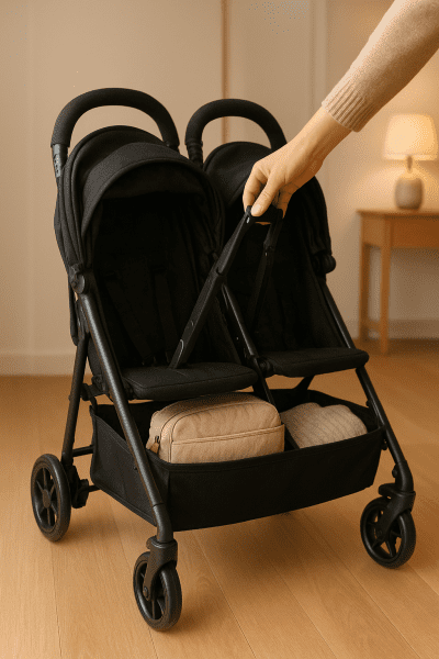 Parent folding a double umbrella stroller with a large storage basket in a modern entryway.