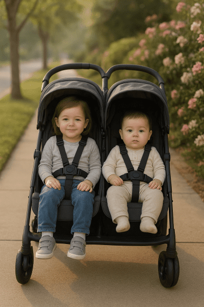 Double umbrella stroller carrying two children, both harnessed, on a quiet, flower-lined sidewalk.