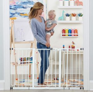 This 56-inch baby gates expand to accommodate openings between 29-56 inches wide. This baby gate is made with steel gates and it is safety certified for your baby.
