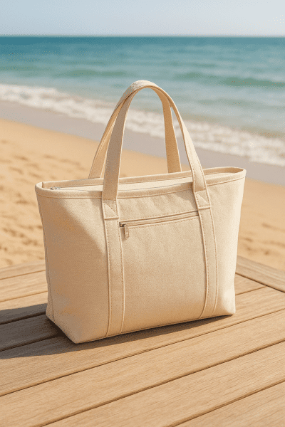 Elegant canvas beach bag with zipper for moms on a sunlit wooden deck by the beach, reinforced handles visible.