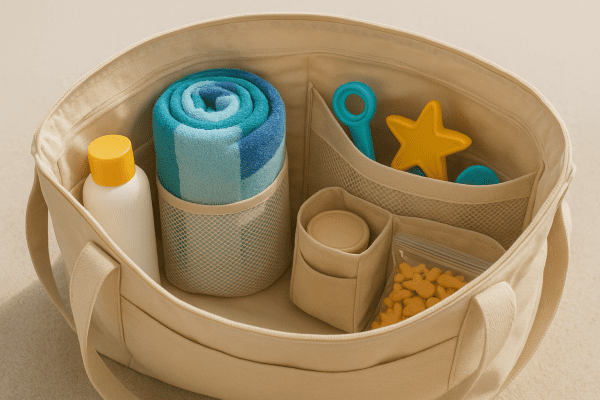 Top-down view of organized beach bag interior with mesh pockets, towel, toys, and snacks.