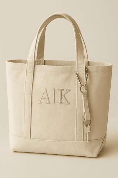 Personalized beach tote with pastel initials, reinforced straps, carabiner, and key leash.