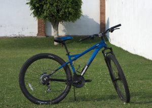 A blue bike for big kids in the middle of the yard