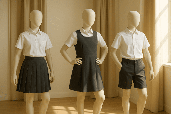 Three mannequins in skirt, jumper, and shorts in a fitting area.