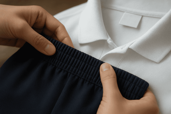 Hands showing waistband stretch and fabric of uniform clothing.
