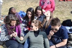 Group of friends talking and having a good time.