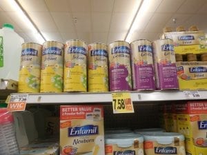 Different flavors of Enfamil formula displayed in the shelves of the supermarket. 