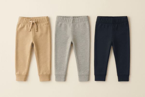 Three toddler pants joggers, leggings, slim fit displayed to show style differences.