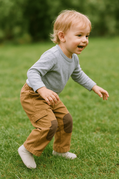 Active toddler in reinforced knee pants with side pockets on grass.