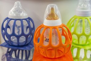 Blue, Orange and Yellow slow flow bottles suitable for babies