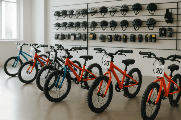 A modern bike shop with 20 inch boys' bikes arranged to highlight different frame and wheel sizes.
