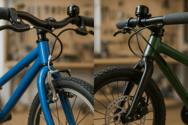 Close-up of V-brake and disc brake systems with different handlebar grips on two boys' bikes.