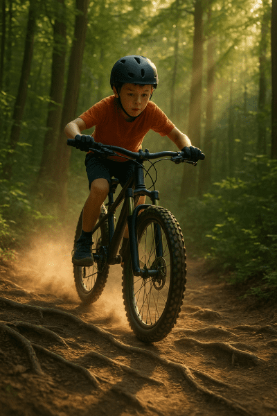Boy riding a 20 inch bike with knobby tires and front suspension on a lively forest trail.