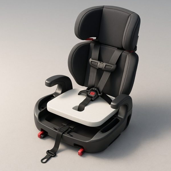 5 point harness booster seat exploded view highlighting EPS foam, harness, buckle, LATCH connectors, and top tether anchor.