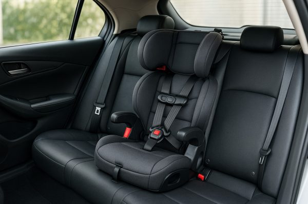 5 point harness booster seat with shoulder straps, seatbelt path, and top tether routed for secure installation.