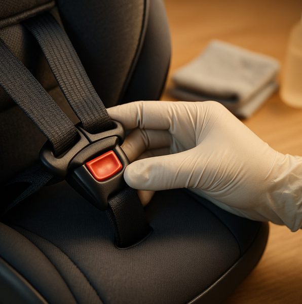 5 point harness booster seat maintenance with hand inspecting harness webbing, buckle, and plastic shell for wear.