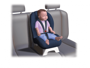 An animated cartoon of a cute baby sitting on the car seat. 