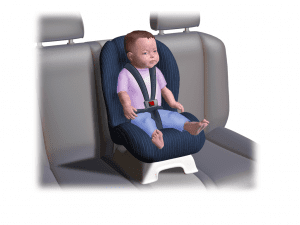 An animated cartoon of a cute baby sitting on the car seat.