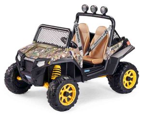 A Power Wheels vehicle with a camouflage design and yellow accents is ready for adventure.