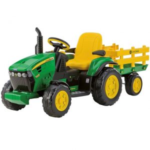 Power Wheels: A green and yellow Power Wheels tractor with a detachable trailer, designed for kids' play.