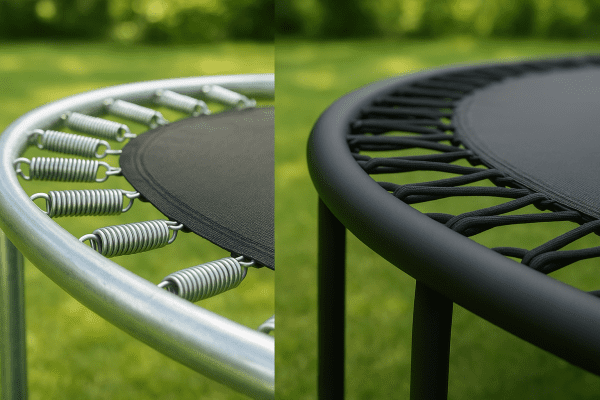 Close-up of two trampoline frames: one with galvanized steel and springs, the other with black powder-coated frame and bungee cords.