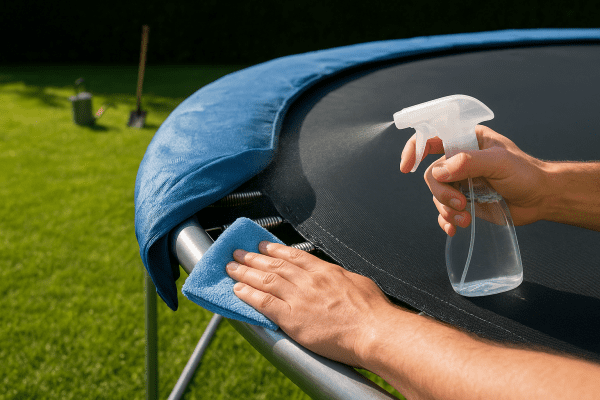 Hands cleaning trampoline frame and mat with UV cover partially draped, garden tools and grass in background.