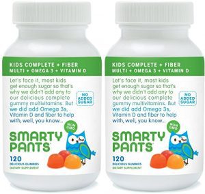 Smarty Pants kids complete + fiber, omega 3 and Vitamin D, no sugar added. gummy vitamins for toddlers